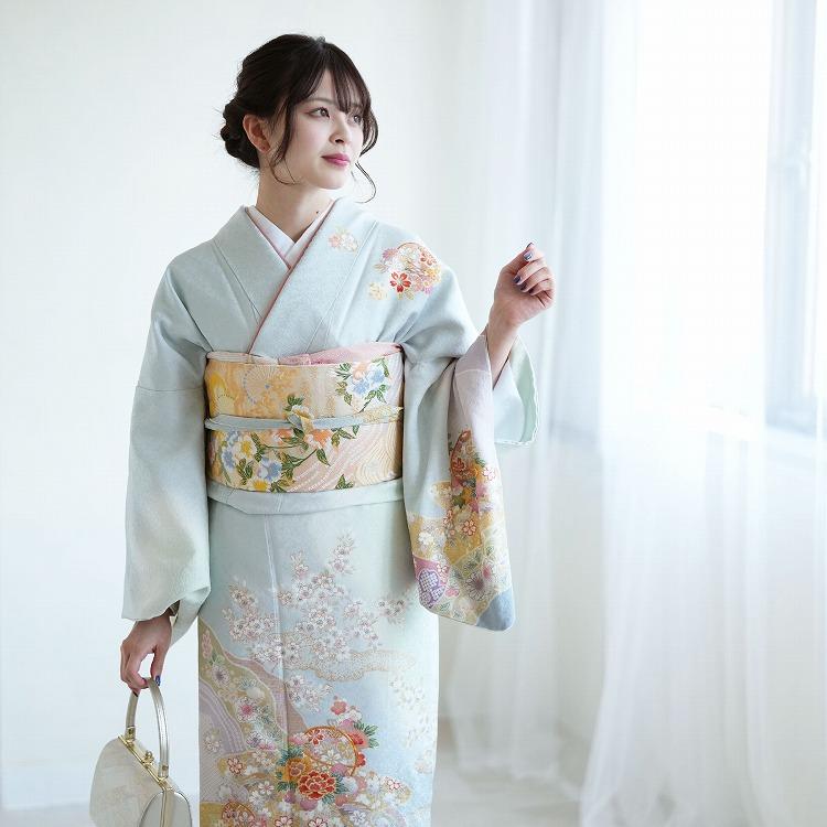 訪問着 レンタル おしゃれ 20点セット 正絹 着物 花柄 水色系 七五三  
