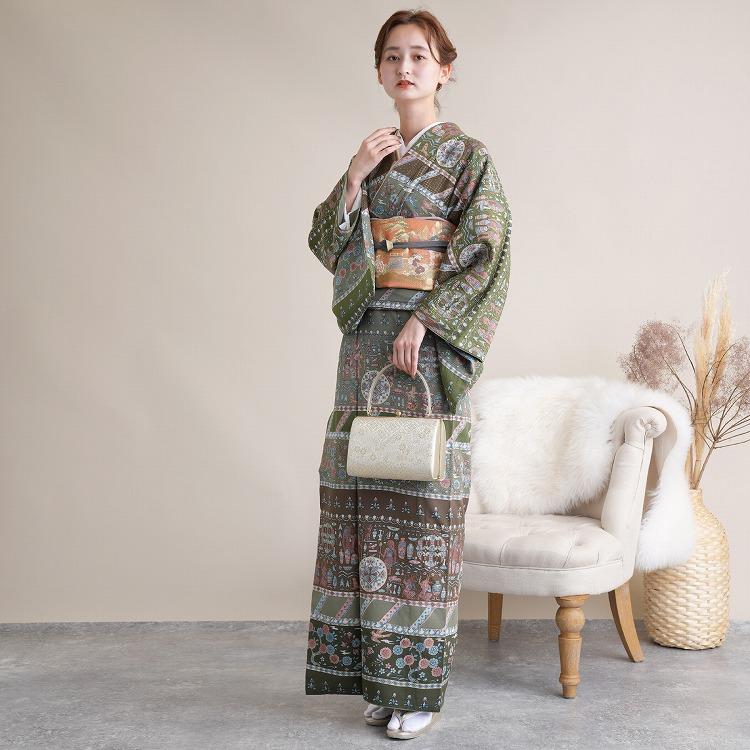 訪問着 レンタル おしゃれ 20点セット しっとり大人系 訪問着 着物 コプト柄 緑系 七五三 結婚式