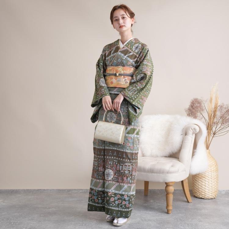 訪問着 レンタル おしゃれ 20点セット しっとり大人系 訪問着 着物 コプト柄 緑系 七五三 結婚式 訪問着 着物 結婚式 草履
