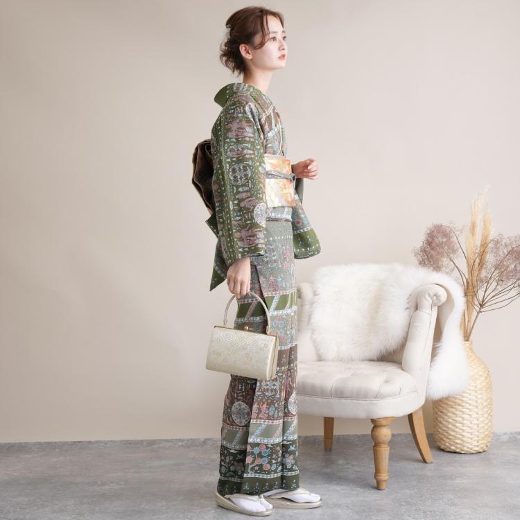 訪問着 レンタル おしゃれ 20点セット しっとり大人系 訪問着 着物 コプト柄 緑系 七五三 結婚式 訪問着 着物 結婚式 草履