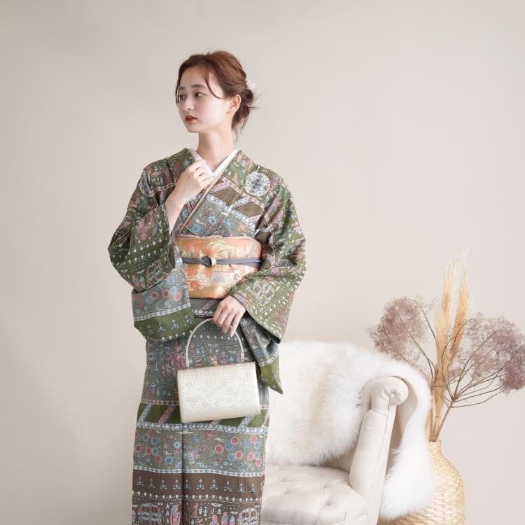 訪問着 レンタル おしゃれ 20点セット しっとり大人系 訪問着 着物 コプト柄 緑系 七五三 結婚式 訪問着 着物 結婚式 草履