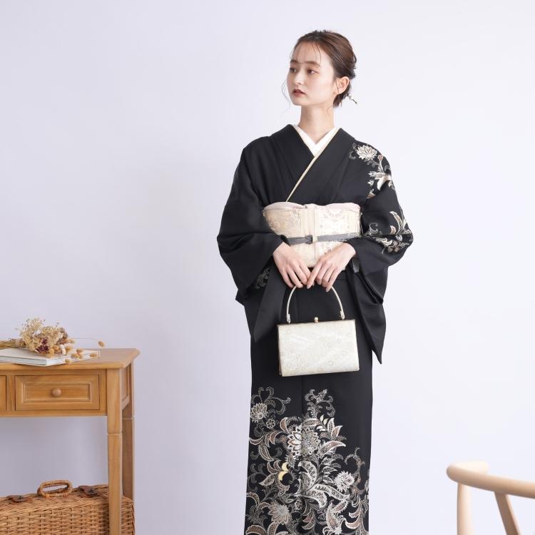 訪問着 レンタル おしゃれ 20点セット 正絹 着物 花 黒系 七五三 結婚 