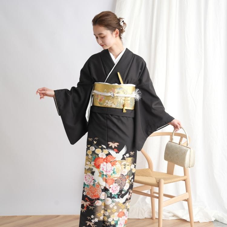 黒留袖 レンタル 50代 留袖 21点セット 着物 鶴 黒系 第一礼装