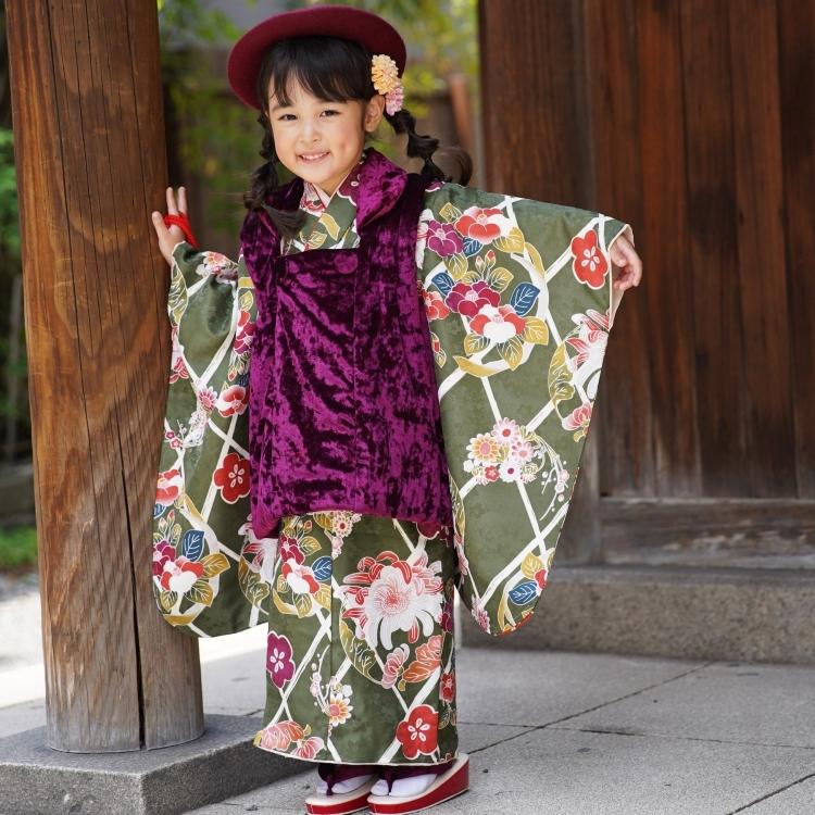 レンタル 七五三 3歳 セット ひよこ商店 レトロ モダン 菊 緑系 レンタル 七五三 3歳 セット ひよこ商店 レトロ モダン 菊 緑系