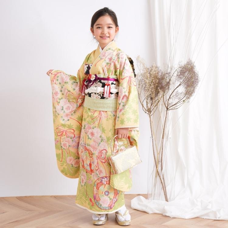 レンタル 七五三 着物 7歳 セット 華徒然 レトロ 花 黄系 古典 桜 貝桶