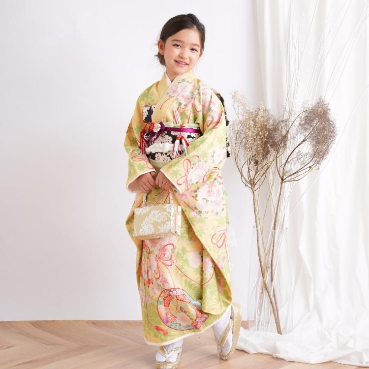 レンタル 七五三 着物 7歳 セット 華徒然 レトロ 花 黄系 古典 桜 貝桶