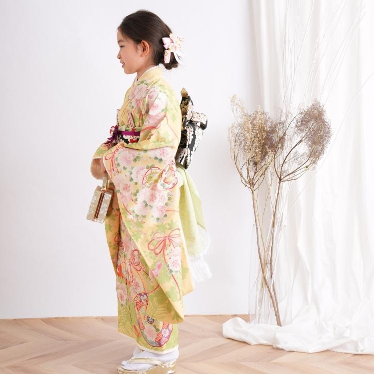 レンタル 七五三 着物 7歳 セット 華徒然 レトロ 花 黄系 古典 桜 貝桶