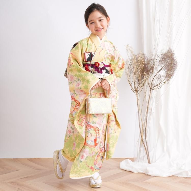 七五三 着物セット 花柄　utatane レンタル 七五三 着物 7歳 セット 華徒然 レトロ 花 黄系 古典 桜 貝桶