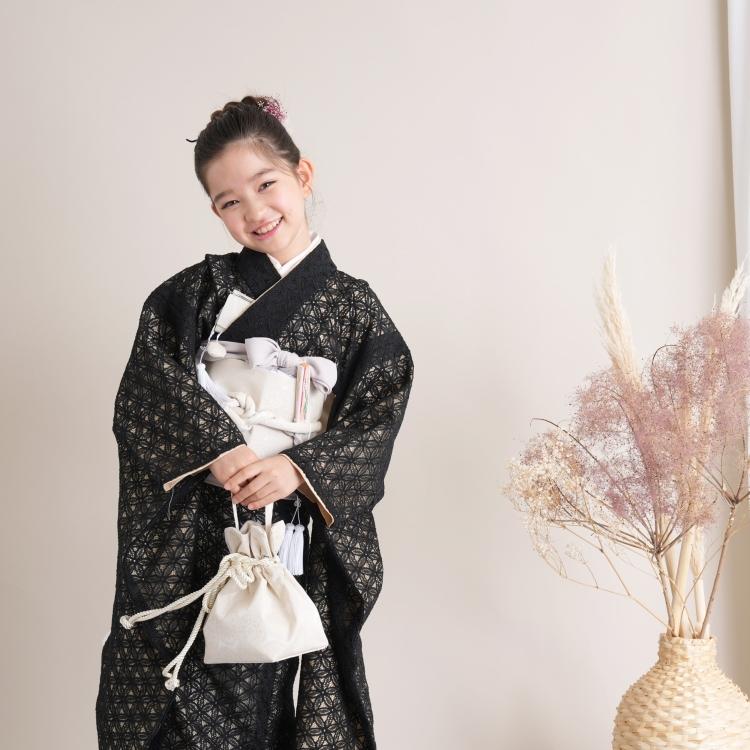 七五三　7歳　120cm　正絹　黒 レンタル 七五三 7歳 女の子 utatane レトロ レース 黒系