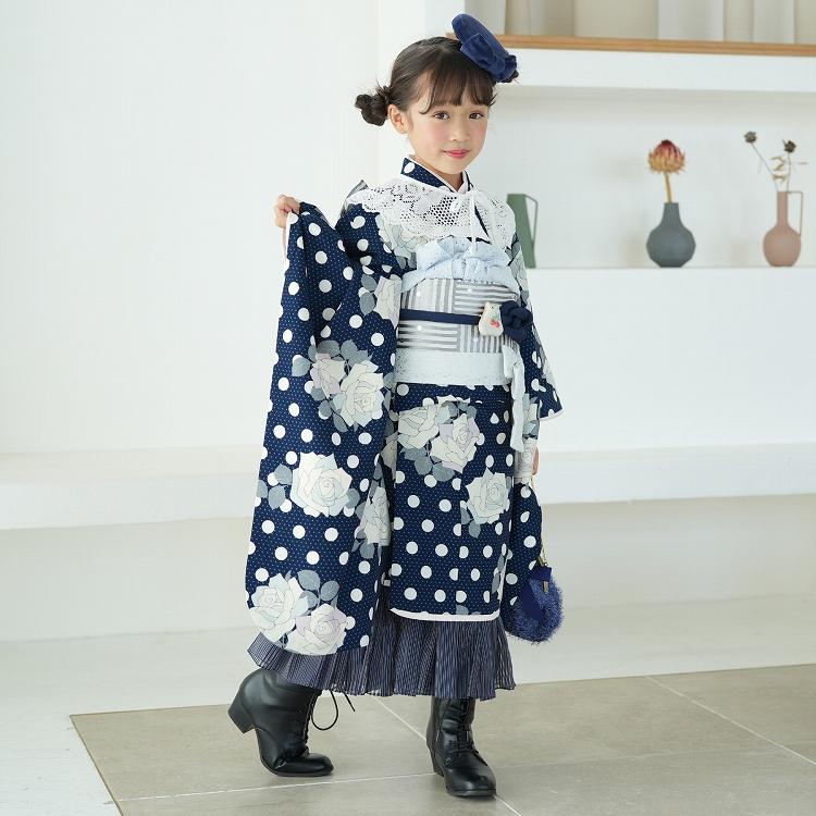 レンタル 七五三 7歳 セット シュセット レトロモダン系 水玉 紺 レンタル 七五三 7歳 セット シュセット レトロモダン系 水玉 紺