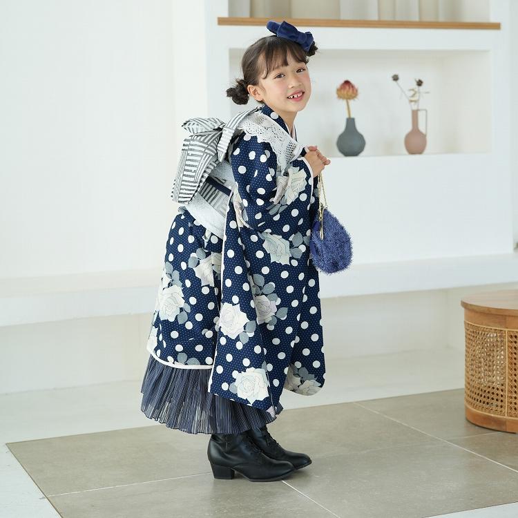 レンタル 七五三 7歳 セット シュセット レトロモダン系 水玉 紺 レンタル 七五三 7歳 セット シュセット レトロモダン系 水玉 紺