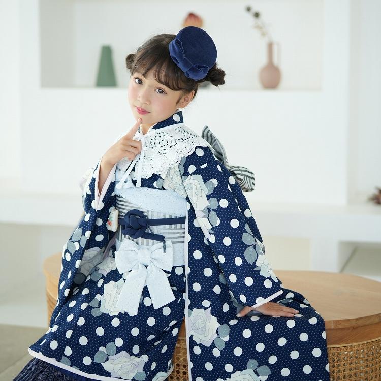 レンタル 七五三 7歳 セット シュセット レトロモダン系 水玉 紺 レンタル 七五三 7歳 セット シュセット レトロモダン系 水玉 紺