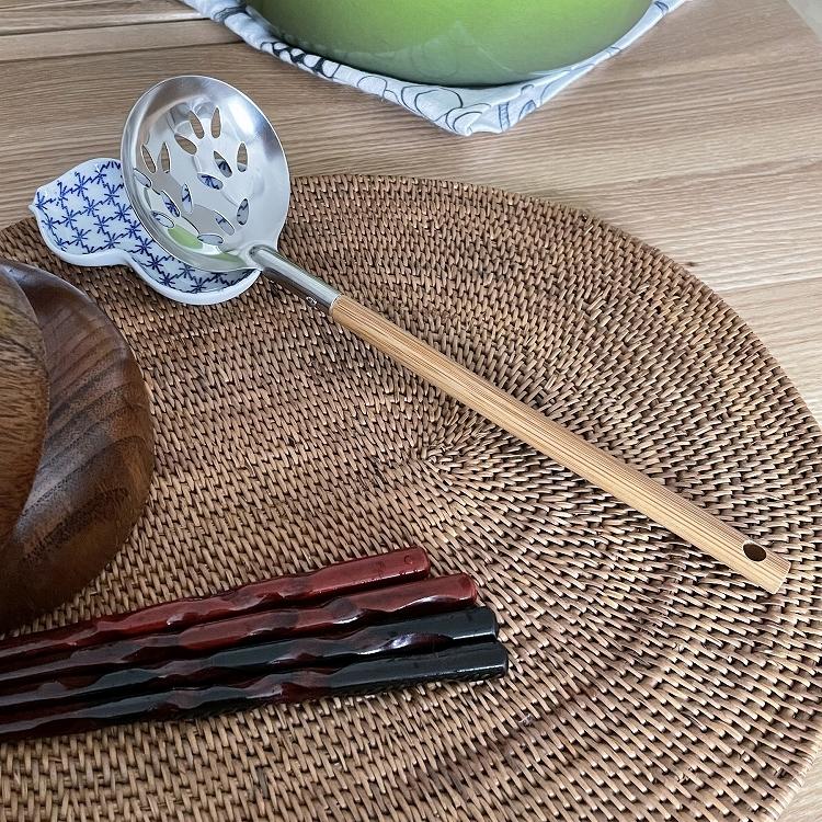 竹柄ステンレス 穴あきお玉 日本製 シンプル ステンレスお玉 おたま 穴