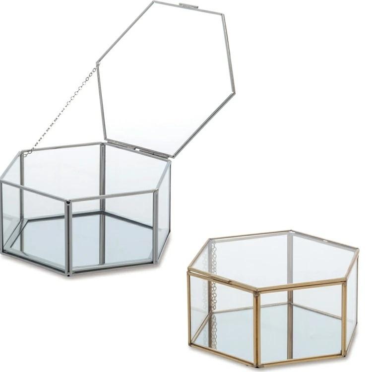 フレームガラス＆ミラーボックス 六角形 L 宝石箱 ジュエリーボックス