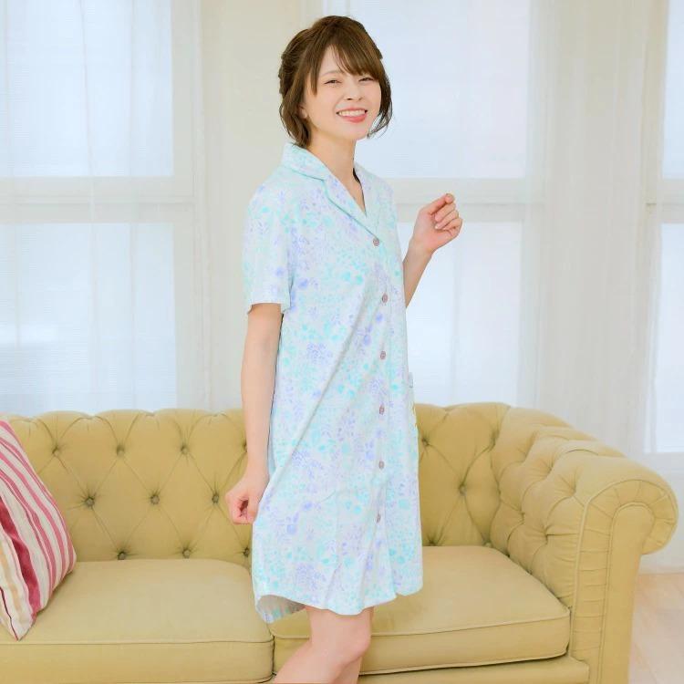 パジャマ パジャマ単品 ルームウェア レディース ワンピース ロングシャツ 綿 コットン100 小花 花柄 水色 ブルー ポケット 半袖 刺繍 春 夏 フリーサイズ 浴衣通販 Utatane 通販 Yahoo ショッピング