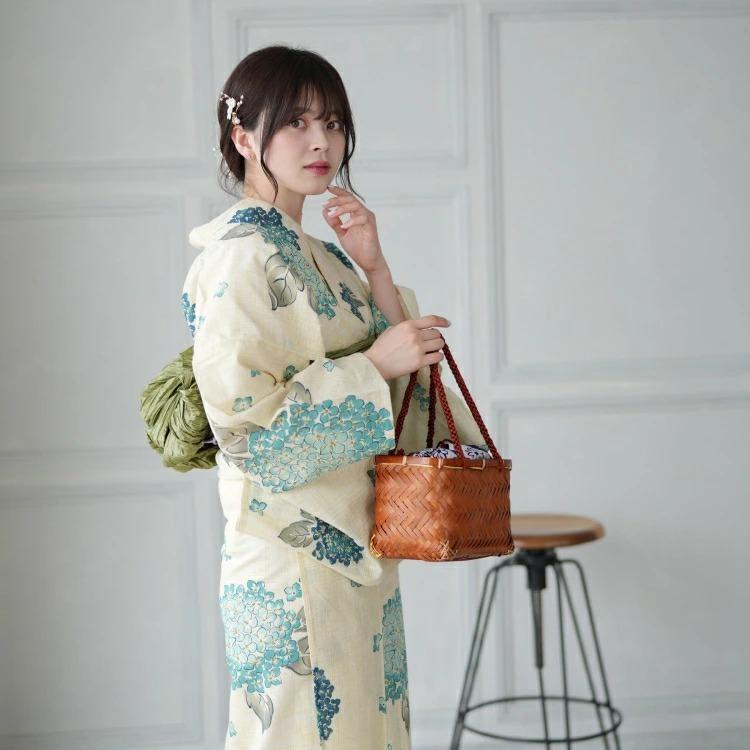 浴衣 セット レディース フリーサイズ 3点セット 浴衣 帯 下駄 綿麻 先染めベージュ 紫陽花 水色 ミント ミントグリーン 青 黒 グレー 緑 水色のあじさい 浴衣通販 Utatane 通販 Yahoo ショッピング