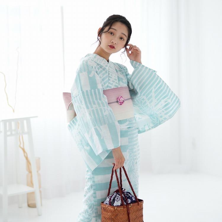 浴衣 3点セット 水色 青 ブルー 白 クリーム 縞 ボーダー 市松 菊 糸菊 綿麻 注染 伝統工芸 日本製 国産 浴衣セット レトロ 大正ロマン Prettyfunnyballoons Com