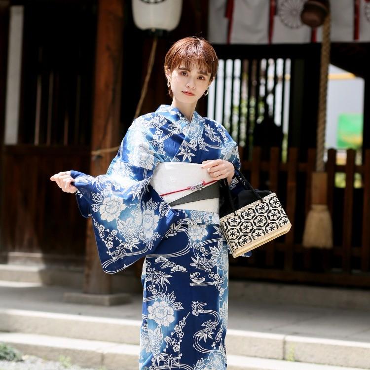 浴衣 3点セット 紺 藍色 青 グラデーション 白 牡丹 梅 ぼたん 流水 綿麻 注染 伝統工芸 日本製 国産 浴衣セット レトロ 大正ロマン 浴衣通販 Utatane 通販 Yahoo ショッピング