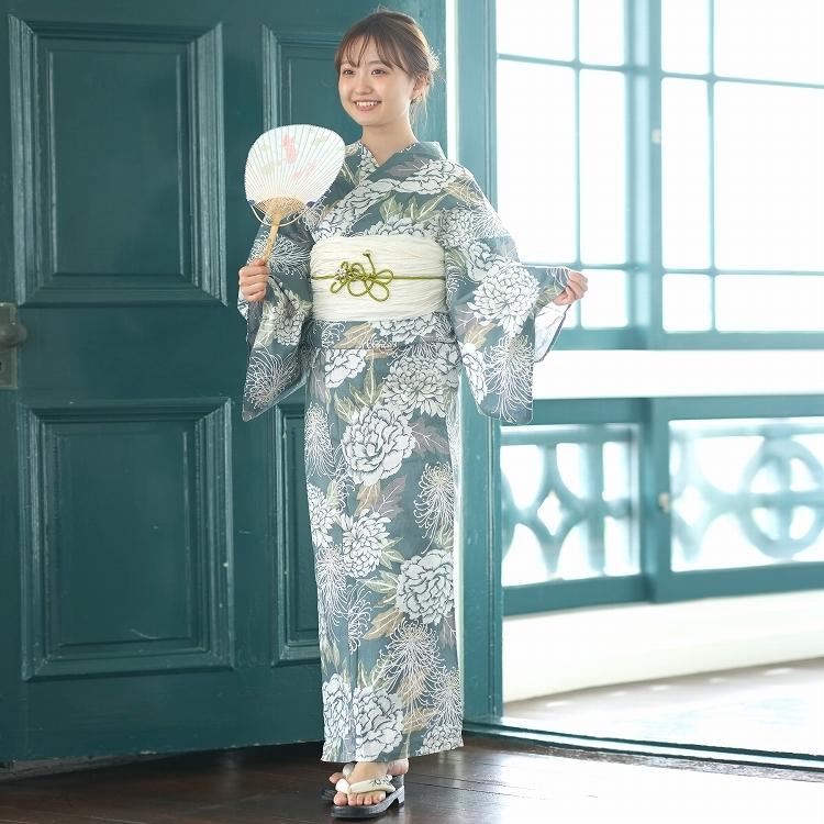 浴衣 セット フリーサイズ レディース ３点セット 浴衣 帯 下駄 和歌山染工 緑 白 ピンク グレー 糸菊 牡丹 レトロ ブルーグリーンに広がる菊牡丹 浴衣通販 Utatane 通販 Yahoo ショッピング