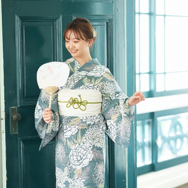 浴衣 セット フリーサイズ レディース ３点セット 浴衣 帯 下駄 和歌山染工 緑 白 ピンク グレー 糸菊 牡丹 レトロ ブルーグリーンに広がる菊牡丹 浴衣通販 Utatane 通販 Yahoo ショッピング