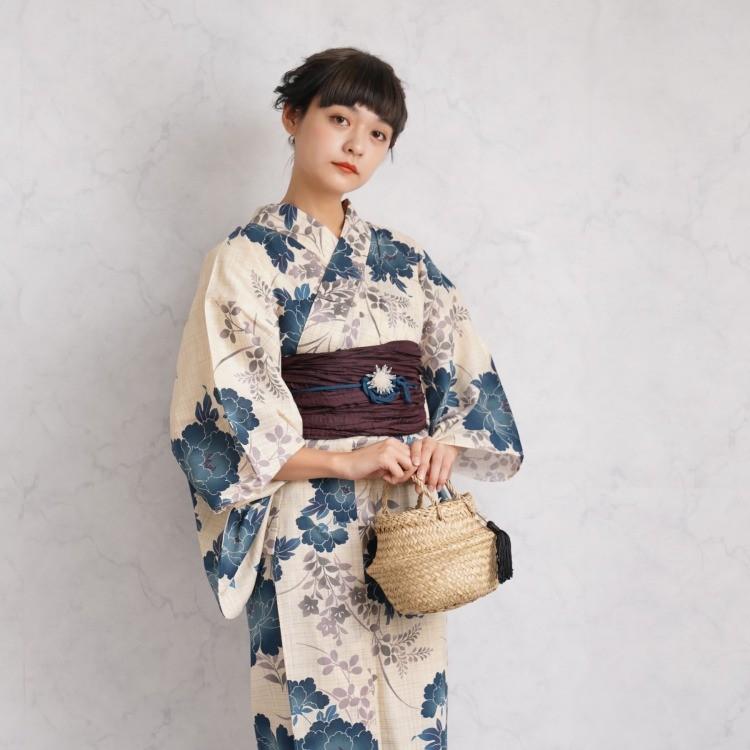 浴衣 セット フリーサイズ ３点セット 浴衣 帯 下駄 ベージュ 格子 鉄紺 グレー グレージュ ネイビー 牡丹 桔梗 萩 レトロ 先染め風ベージュに鉄紺の牡丹 浴衣通販 Utatane 通販 Yahoo ショッピング
