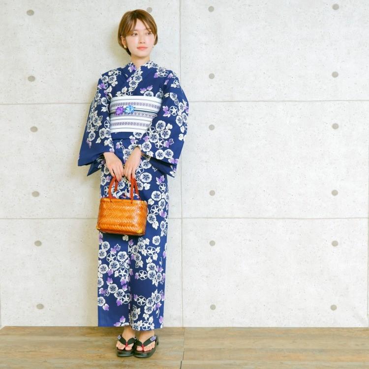 浴衣 セット レディース フリーサイズ ３点セット 浴衣 帯 下駄 注染 綿麻 紺 藍色 きなり 紫 朝顔 花 浴衣セット 国産 つやび 雅姫 紺地に小さな朝顔 浴衣通販 Utatane 通販 Yahoo ショッピング