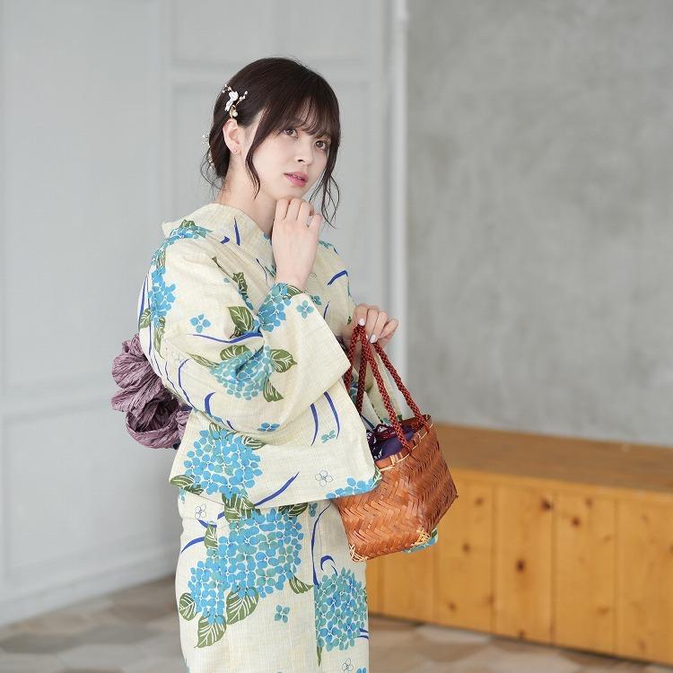 浴衣 セット レディース フリーサイズ ３点セット 浴衣 帯 下駄 先染めベージュ 緑 ミント 青緑 水色 青 ブルー 紫陽花 あじさい 流水 綿麻 水色の紫陽花 浴衣通販 Utatane 通販 Yahoo ショッピング