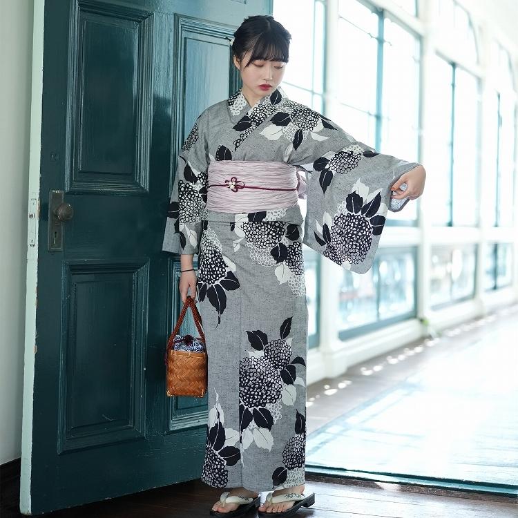 浴衣 白 生成り青 あじさい 紫陽花 レディース フリーサイズ
