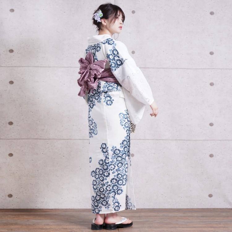 別注 浴衣 セット レディース 浴衣 ３点セット 浴衣 帯 下駄 片袖 衿 コットンレース アシンメトリー 日本製生地 国内染色 和歌山染工 小花 花束 黄色 白 きなり からし 昭和初期アンティーク復刻版 浴衣セット ゆかた 女性 レトロ フリーサイズ 上質風合い