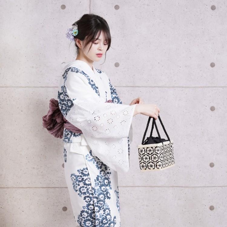 別注 浴衣 セット レディース 浴衣 ３点セット 浴衣 帯 下駄 片袖 衿 コットンレース アシンメトリー 日本製生地 国内染色 和歌山染工 小花 花束 黄色 白 きなり からし 昭和初期アンティーク復刻版 浴衣セット ゆかた 女性 レトロ フリーサイズ 上質風合い