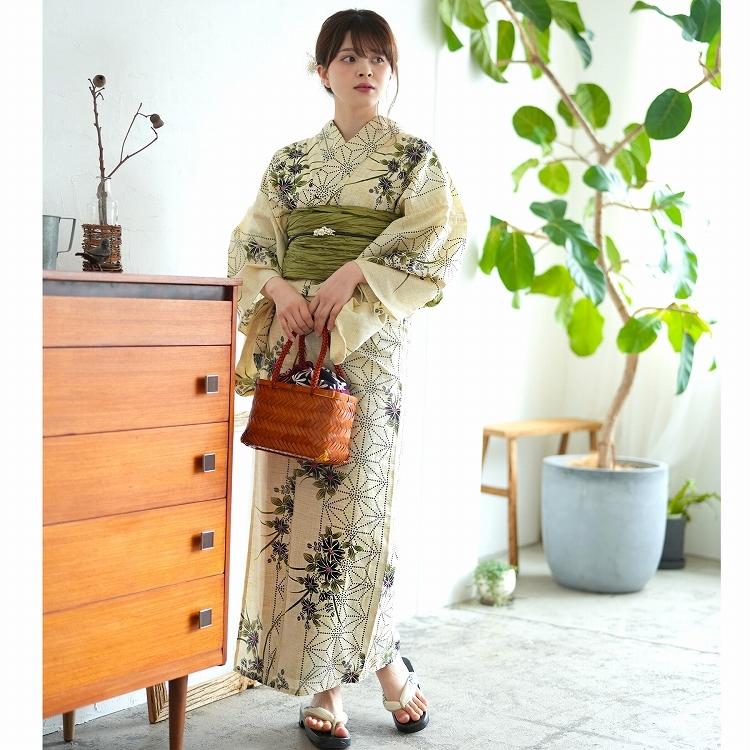 浴衣 セット レディース トールサイズ ３点セット 浴衣 帯 下駄 Lサイズ トールサイズ 165cm 175cm 麻の葉 美人花 ベージュ 紫 緑 綿麻 京美人花と麻の葉柄 浴衣通販 Utatane 通販 Yahoo ショッピング
