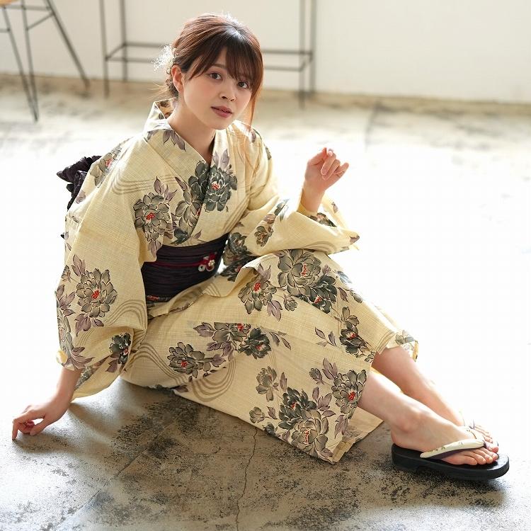 浴衣 セット レディース トールサイズ ３点セット 浴衣 帯 下駄 Lサイズ 大きいサイズ 適応身長約165cm 175cm 牡丹 グレー 紫 綿麻 儚い牡丹 浴衣通販 Utatane 通販 Yahoo ショッピング