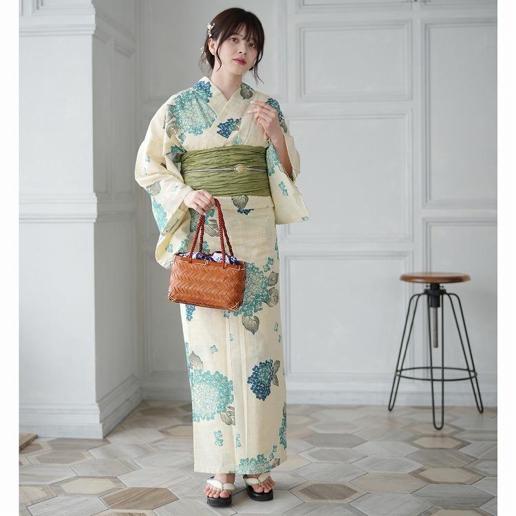 浴衣 セット レディース トールサイズ 適応身長165cm 175cm Lサイズ あじさい 紫陽花 先染めベージュ 水色 青 緑 Utatane 綿麻 リネン 水色のあじさい 浴衣通販 Utatane 通販 Yahoo ショッピング