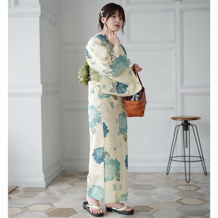 浴衣 セット レディース トールサイズ 適応身長165cm 175cm Lサイズ あじさい 紫陽花 先染めベージュ 水色 青 緑 Utatane 綿麻 リネン 水色のあじさい 浴衣通販 Utatane 通販 Yahoo ショッピング
