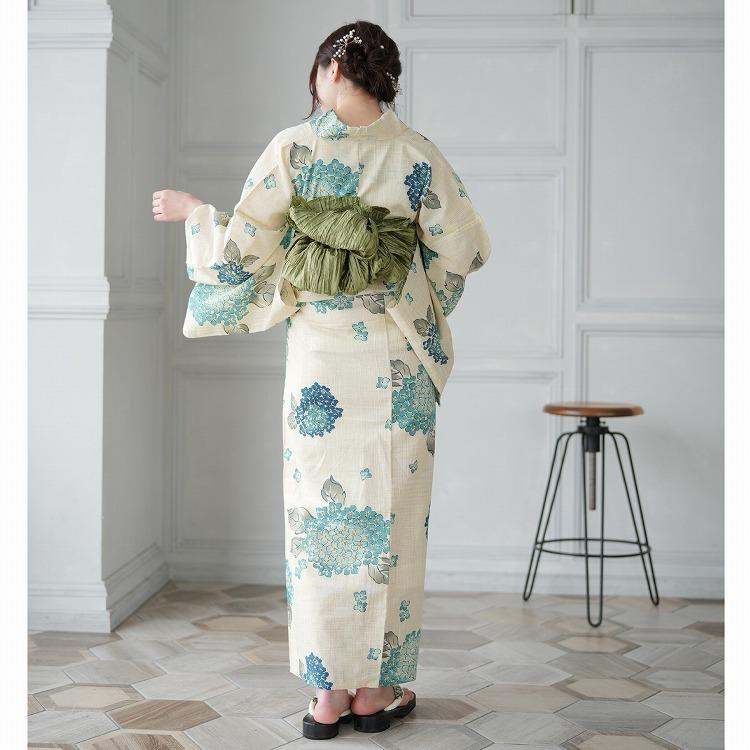 浴衣 セット レディース トールサイズ 適応身長165cm 175cm Lサイズ あじさい 紫陽花 先染めベージュ 水色 青 緑 Utatane 綿麻 リネン 水色のあじさい 浴衣通販 Utatane 通販 Yahoo ショッピング