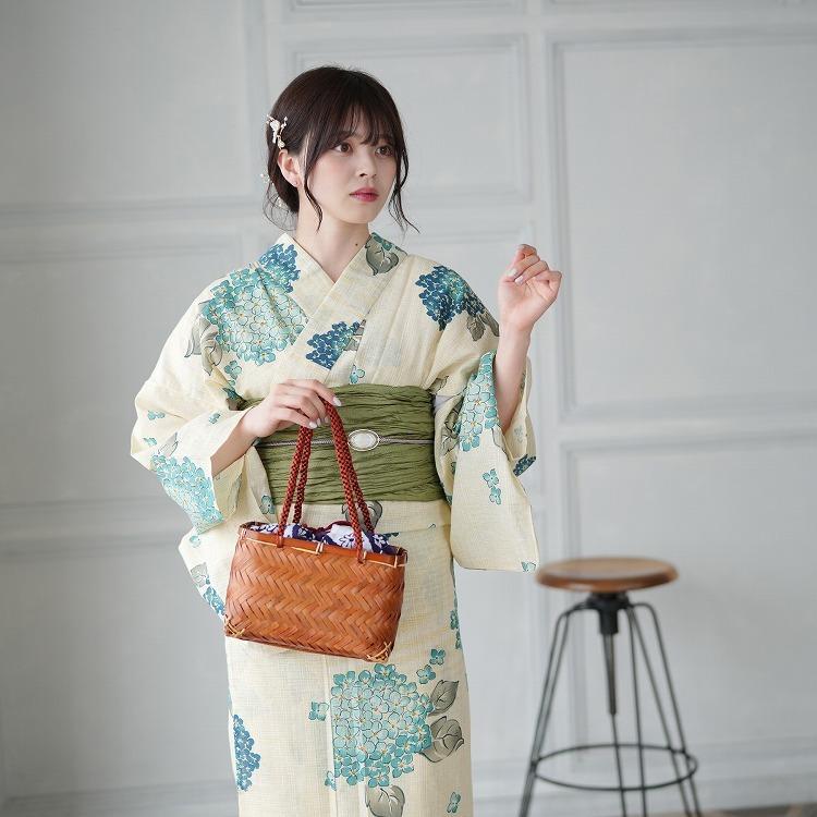 浴衣 セット レディース トールサイズ 適応身長165cm 175cm Lサイズ あじさい 紫陽花 先染めベージュ 水色 青 緑 Utatane 綿麻 リネン 水色のあじさい 浴衣通販 Utatane 通販 Yahoo ショッピング