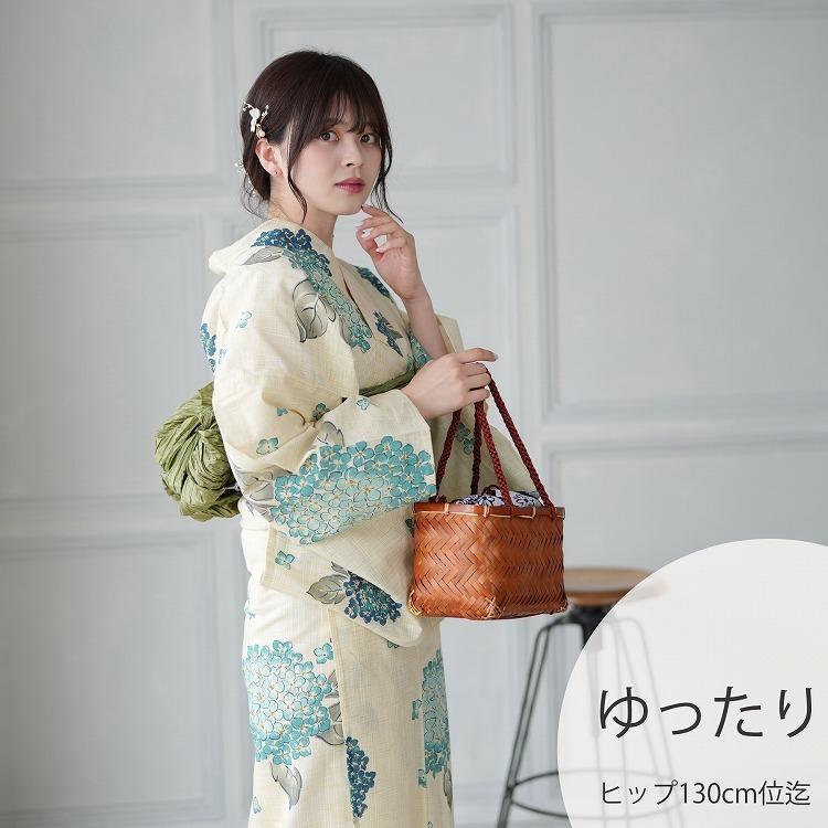 浴衣 セット レディース ゆったりサイズ ３点セット 浴衣 帯 下駄 あじさい 紫陽花 先染めベージュ 水色 青 緑 麻混 3lサイズ Utatane 水色のあじさい 浴衣通販 Utatane 通販 Yahoo ショッピング
