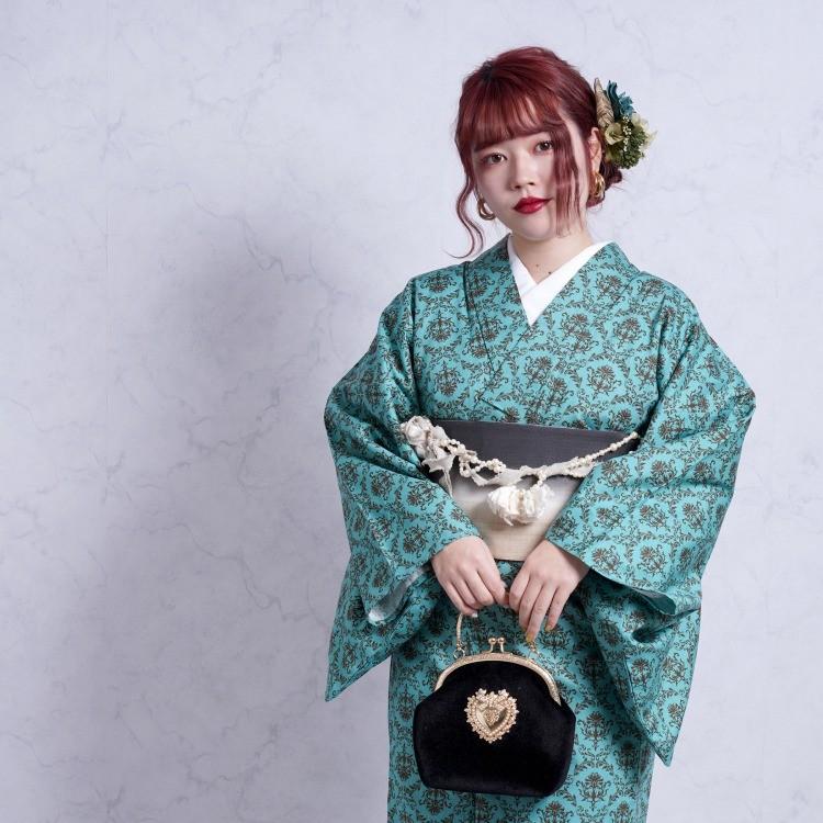 着物単品 着物 きもの 和装 国産 レディース レトロ モダン アンティーク風 グリーン 緑 ピーコック 幾何学 ダマスク 国産生地 綿100 コットン 浴衣通販 Utatane 通販 Yahoo ショッピング