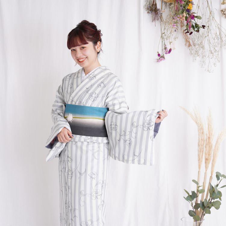 着物 きもの 単品 袷 あわせ 洗える着物 ポリエステル 街着 カジュアル ストライプ 縞々 グレー 花 女性 大人 レディース 着付け お稽古 Mサイズ Lサイズ 浴衣通販 Utatane 通販 Yahoo ショッピング