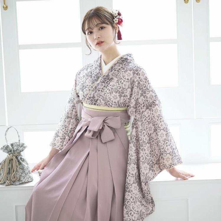 販売 2尺袖着物 袴 2点セット Utatane レトロモダン 系 袴セット 卒業式 花柄 グレー系 くすみピンク ダスティピンク レース柄 くすみ おしゃれ 重ね衿縫い付済 浴衣通販 Utatane 通販 Yahoo ショッピング