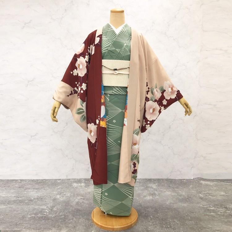 羽織 単品 フリーサイズ 絵羽 えんじ ピンクベージュ 緑 椿 アシンメトリー アンティーク風 ニコアンティーク レトロ 羽織 女性 レディース 着物 きもの 浴衣通販 Utatane 通販 Yahoo ショッピング