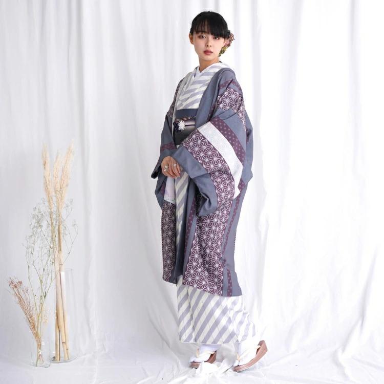 羽織 単品 フリーサイズ 絵羽 麻の葉 ドット 縞 ストライプ レース風 グレー 赤紫 アシンメトリー アンティーク風 ニコアンティーク レトロ 羽織 レディース 浴衣通販 Utatane 通販 Yahoo ショッピング