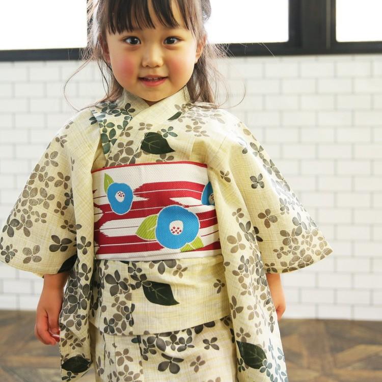 浴衣 3点セット 子供浴衣 綿麻 紫陽花 あじさい 先染めベージュ 緑 グリーン こども セット レトロ キッズ ゆかた 兵児帯 下駄 Supersport Tn