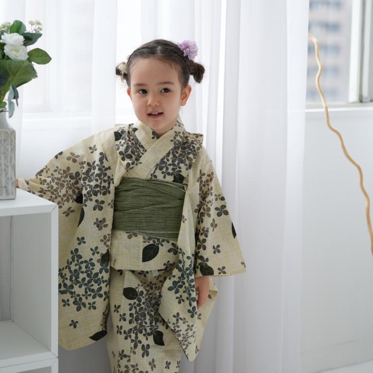 浴衣 子供 女 子供浴衣 3点セット 浴衣 帯 下駄 古典柄 レトロ アンティーク系 浴衣 セット あじさい 紫陽花 ベージュ系 綿麻 くすみカラー おしゃれ 110 1 浴衣通販 Utatane 通販 Yahoo ショッピング