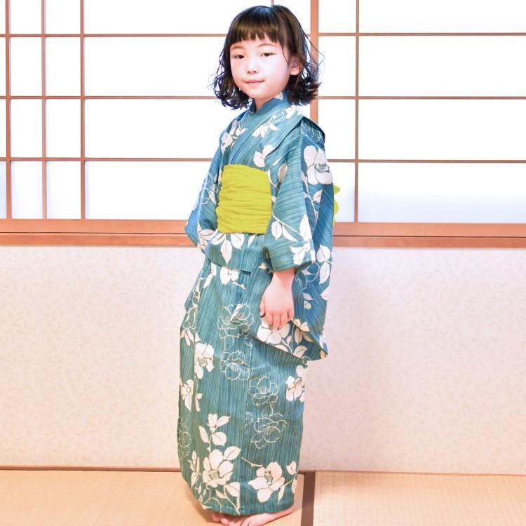 浴衣 3点セット 浴衣 帯 下駄 子供浴衣 綿麻 麻混 先染めベージュ 水色 ミント くすみブルー 椿 こども セット キッズ ゆかた 兵児帯 下駄 浴衣通販 Utatane 通販 Yahoo ショッピング