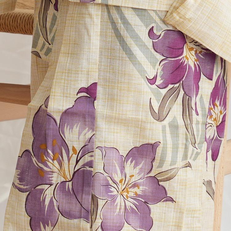 浴衣 3点セット 浴衣 帯 下駄 セット 子供 子供浴衣 綿麻 麻混 先染めベージュ 紫 ラベンダー ユリ 百合 ゆり セット キッズ ゆかた 兵児帯 下駄 女の子 女児 浴衣通販 Utatane 通販 Yahoo ショッピング