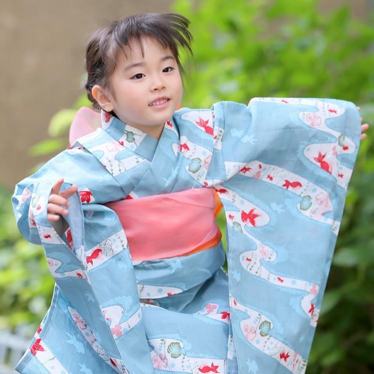 浴衣 4点セット 子供浴衣 水色 ブルー 白 赤 金魚 水草 流水 影絵 シルエット こども セット レトロ キッズ ゆかた 浴衣通販 Utatane 通販 Yahoo ショッピング