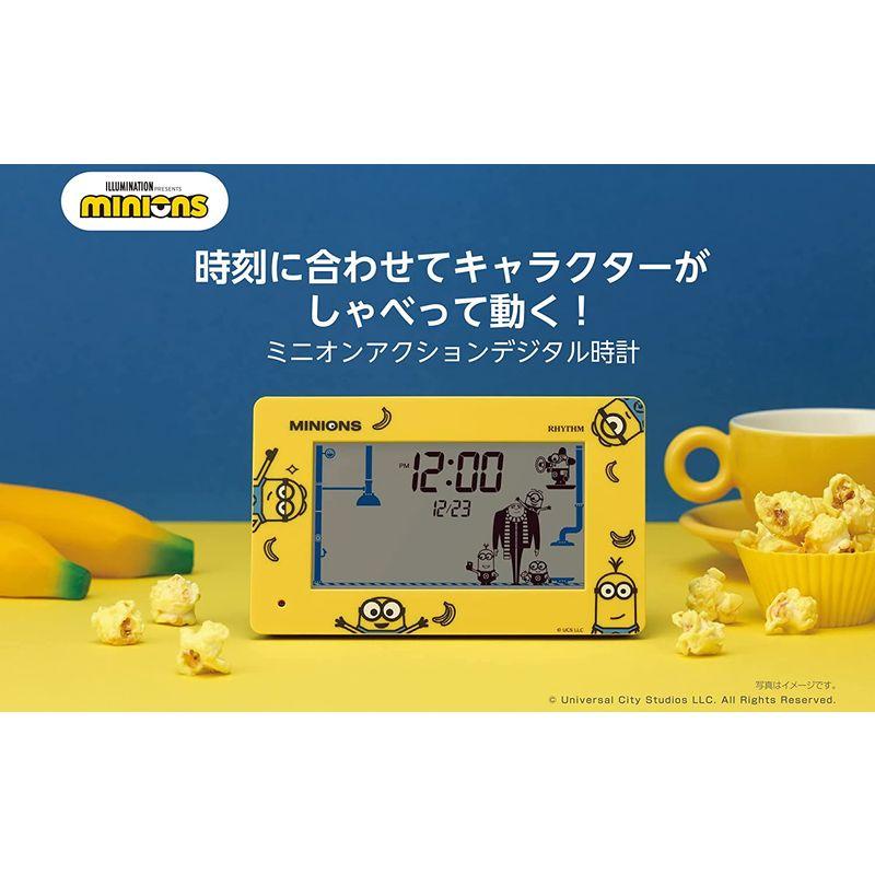 安価 目覚まし時計 イエロー 時計 リズム(RHYTHM) ミニオン おもしろ アクション デジタル時計 カレンダー 付き 10x16.2x4.5cm