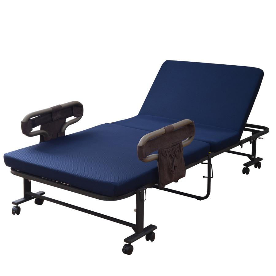 山善(YAMAZEN) 高反発 折りたたみベッド 手すり付 シングル ネイビー