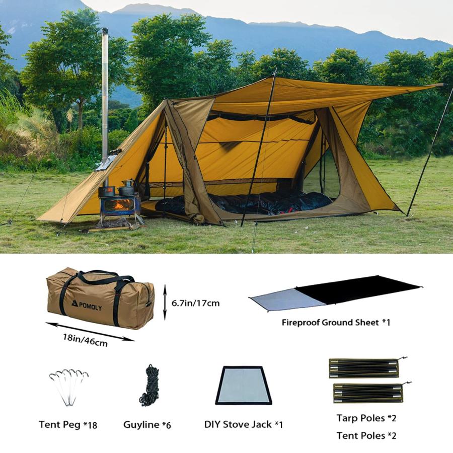 新品‼️POMOLY STOVEHUT 70ドアポール2本、テントポール2本付き POMOLY STOVEHUT 70 パップテント 2 人用、ドアポール2本と